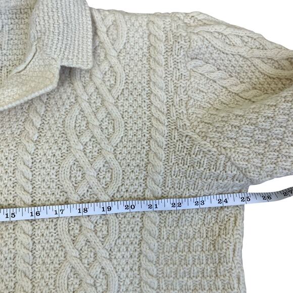 Paul James Sz L 100% Wool Chunky Cable Knit Cardigan Cream Fisherman Shrunken - Picture 12 of 16